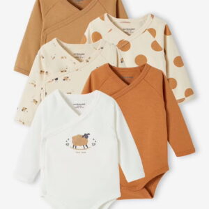 Lot de 5 bodies ouverture naissance bébé en coton biologique - taupe